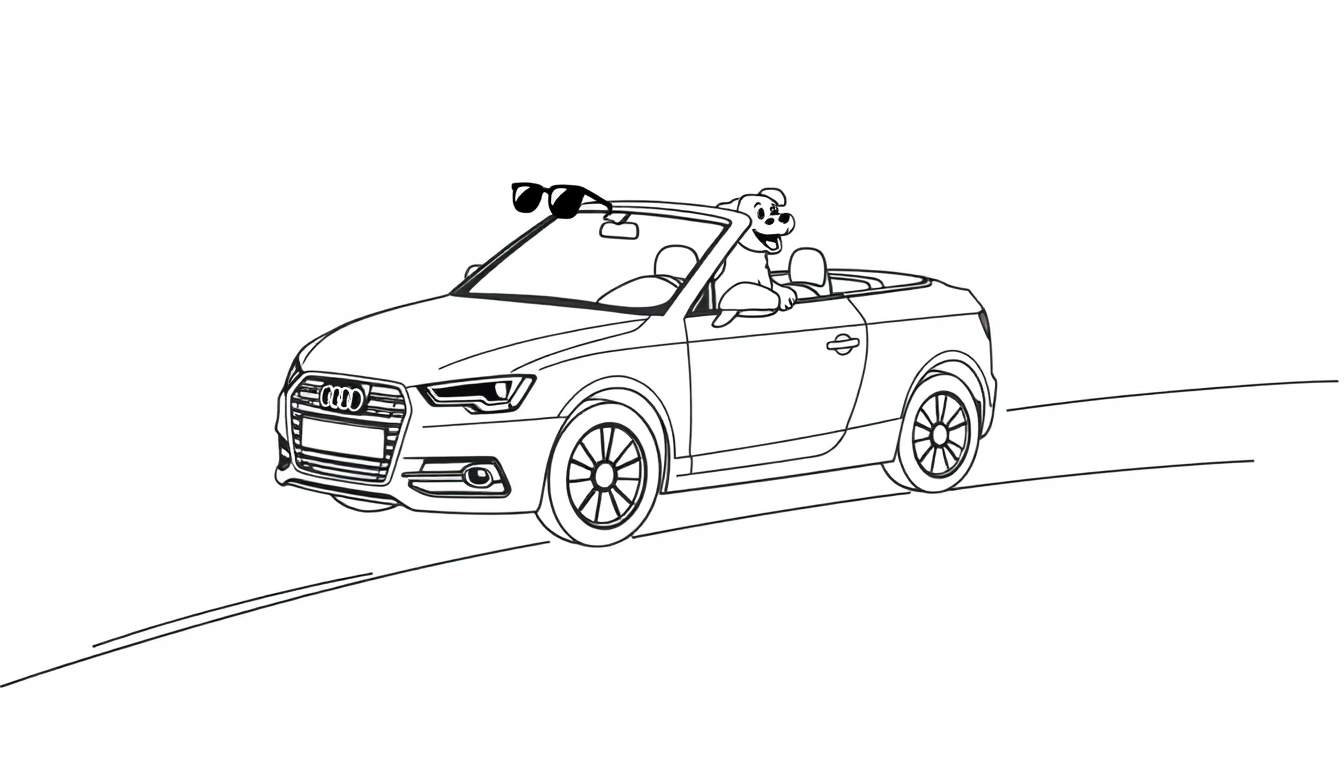 Coloriage d'une voiture décapotable Audi avec un chien souriant sur le siège passager.