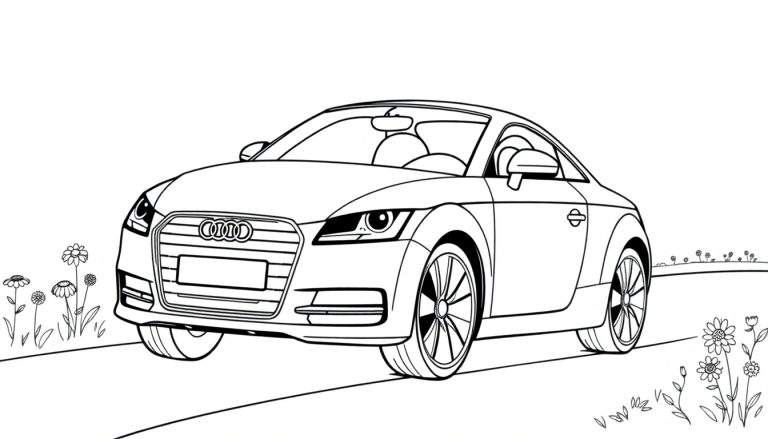 Dessin au trait noir et blanc d'une voiture de sport Audi TT pour coloriage, vue de face et de trois quarts, avec des fleurs et des herbes sur les côtés.