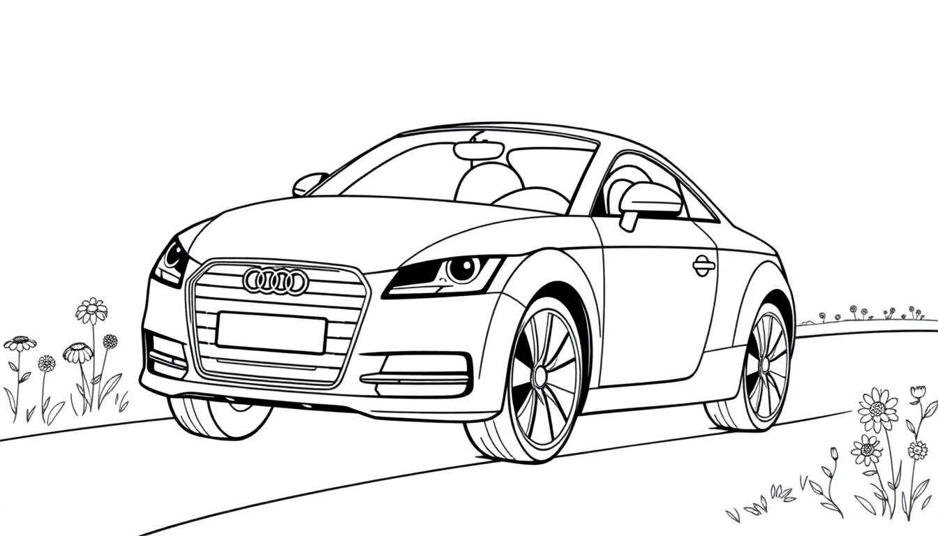 Dessin au trait noir et blanc d'une voiture de sport Audi TT pour coloriage, vue de face et de trois quarts, avec des fleurs et des herbes sur les côtés.