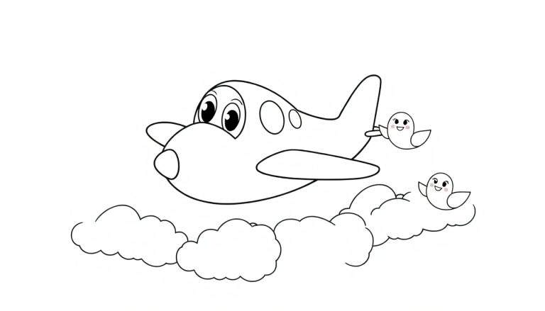 Coloriage d'un avion de dessin animé souriant avec des yeux, volant dans le ciel avec deux oiseaux, au-dessus des nuages.