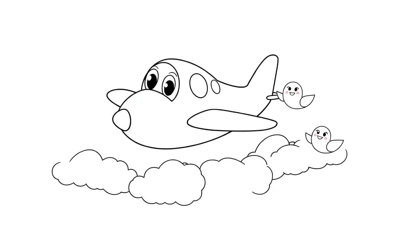 Coloriage d'un avion de dessin animé souriant avec des yeux, volant dans le ciel avec deux oiseaux, au-dessus des nuages.