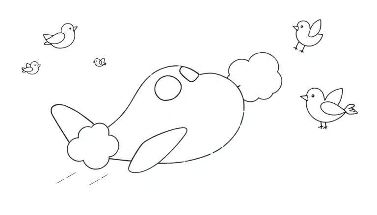 Dessin au trait noir et blanc d'un avion avec des nuages stylisés sortant des moteurs et quatre petits oiseaux volant autour. Style enfantin et joyeux.
