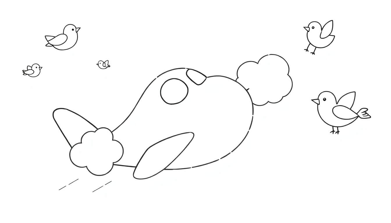 Dessin au trait noir et blanc d'un avion avec des nuages stylisés sortant des moteurs et quatre petits oiseaux volant autour. Style enfantin et joyeux.