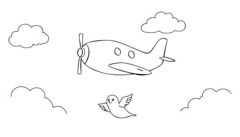 Dessin au trait noir et blanc d'un avion avec hélice et d'un oiseau souriant volant parmi des nuages. Coloriage pour enfants.