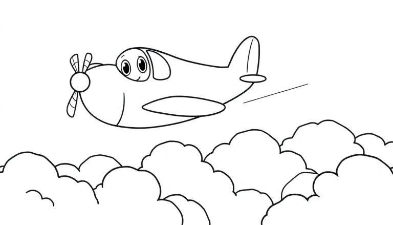 Dessin au trait d'un avion sympathique souriant volant dans un ciel nuageux, prêt à être colorié.