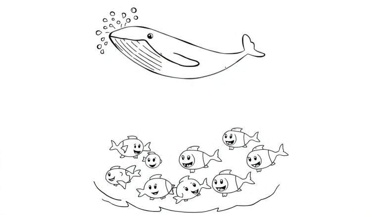 Dessin au trait d'une baleine soufflant de l'eau avec des poissons