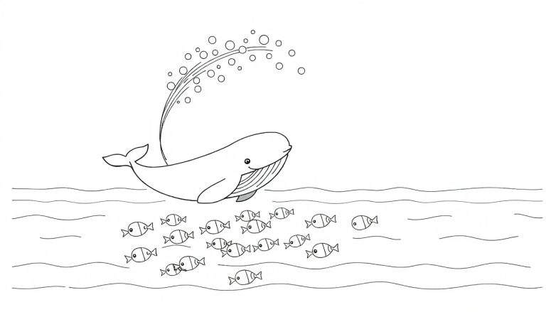Dessin au trait noir et blanc d'une baleine soufflant de l'eau entourée de poissons.
