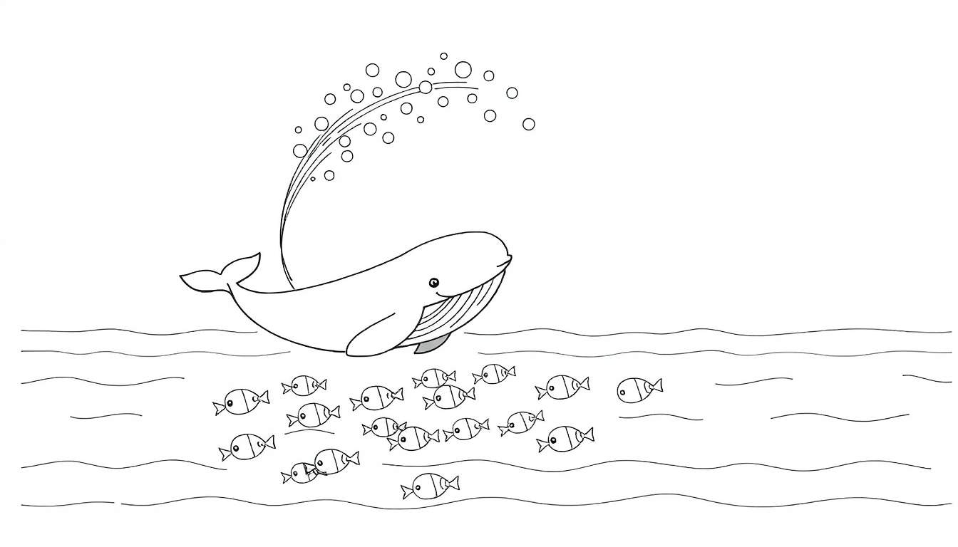 Dessin au trait noir et blanc d'une baleine soufflant de l'eau entourée de poissons.