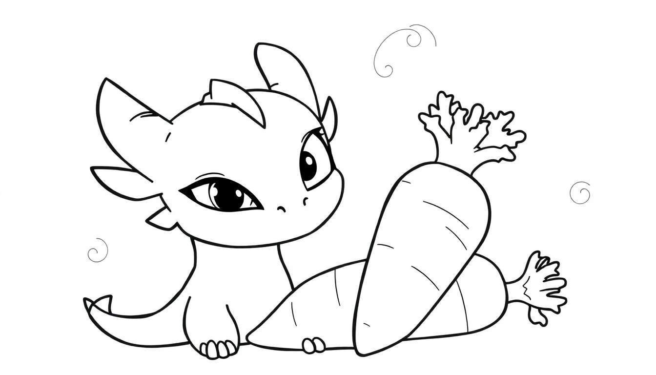 Dessin au trait d'un bébé dragon adorable à côté de deux carottes, avec des volutes dans le fond.