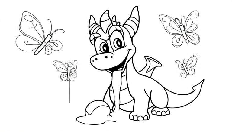 Un dessin au trait noir et blanc d'un bébé dragon mignon assis avec un grand sourire, entouré de quatre papillons de différentes tailles. Dessin destiné au coloriage.