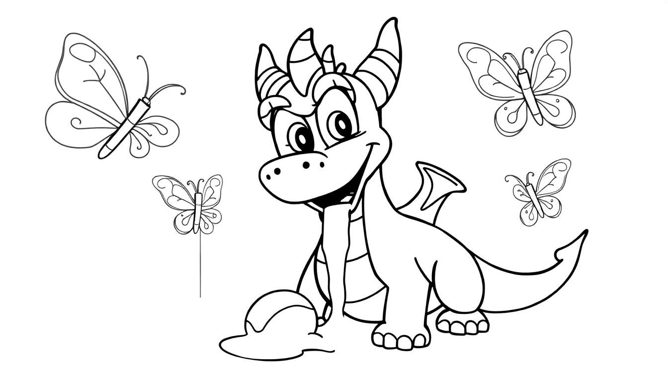 Un dessin au trait noir et blanc d'un bébé dragon mignon assis avec un grand sourire, entouré de quatre papillons de différentes tailles. Dessin destiné au coloriage.