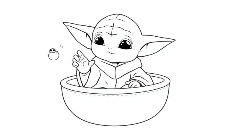 Dessin au trait noir et blanc d'un personnage de dessin animé ressemblant à bébé Yoda, assis dans une capsule en forme de bol, avec une petite créature ronde à ses côtés.