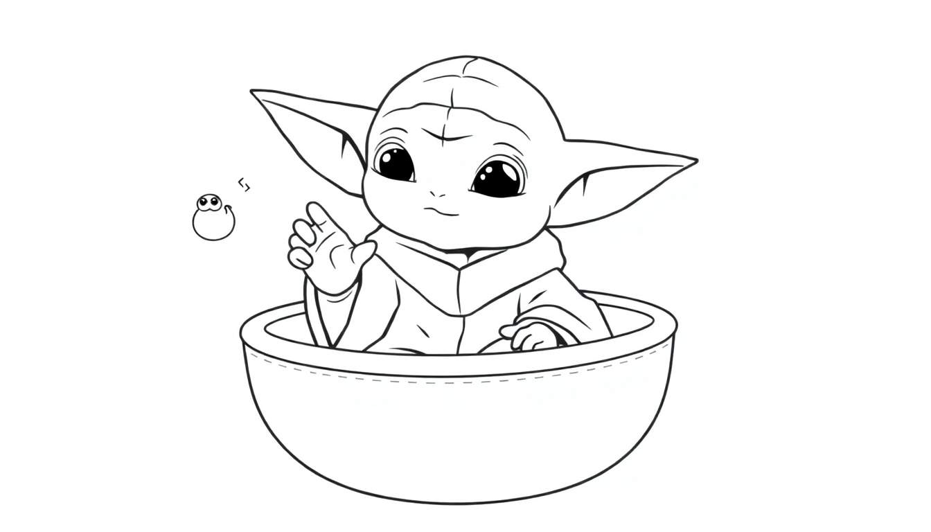 Dessin au trait noir et blanc d'un personnage de dessin animé ressemblant à bébé Yoda, assis dans une capsule en forme de bol, avec une petite créature ronde à ses côtés.