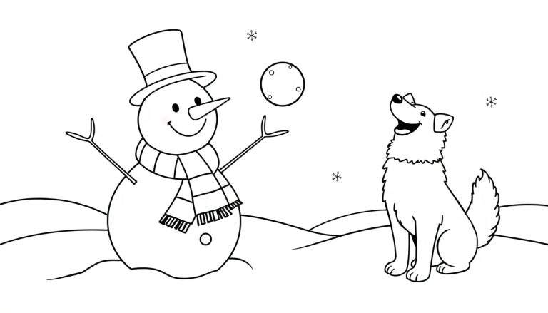Dessin à colorier d'un bonhomme de neige lançant une boule de neige vers un chien excité assis sur une colline enneigée.