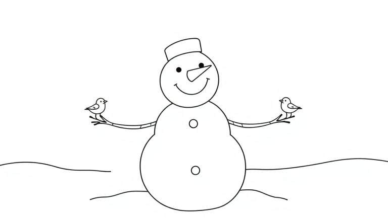 Dessin à colorier d'un bonhomme de neige avec un chapeau, un nez en carotte, deux boutons sur son ventre, et des oiseaux sur ses bras, sur un fond blanc.