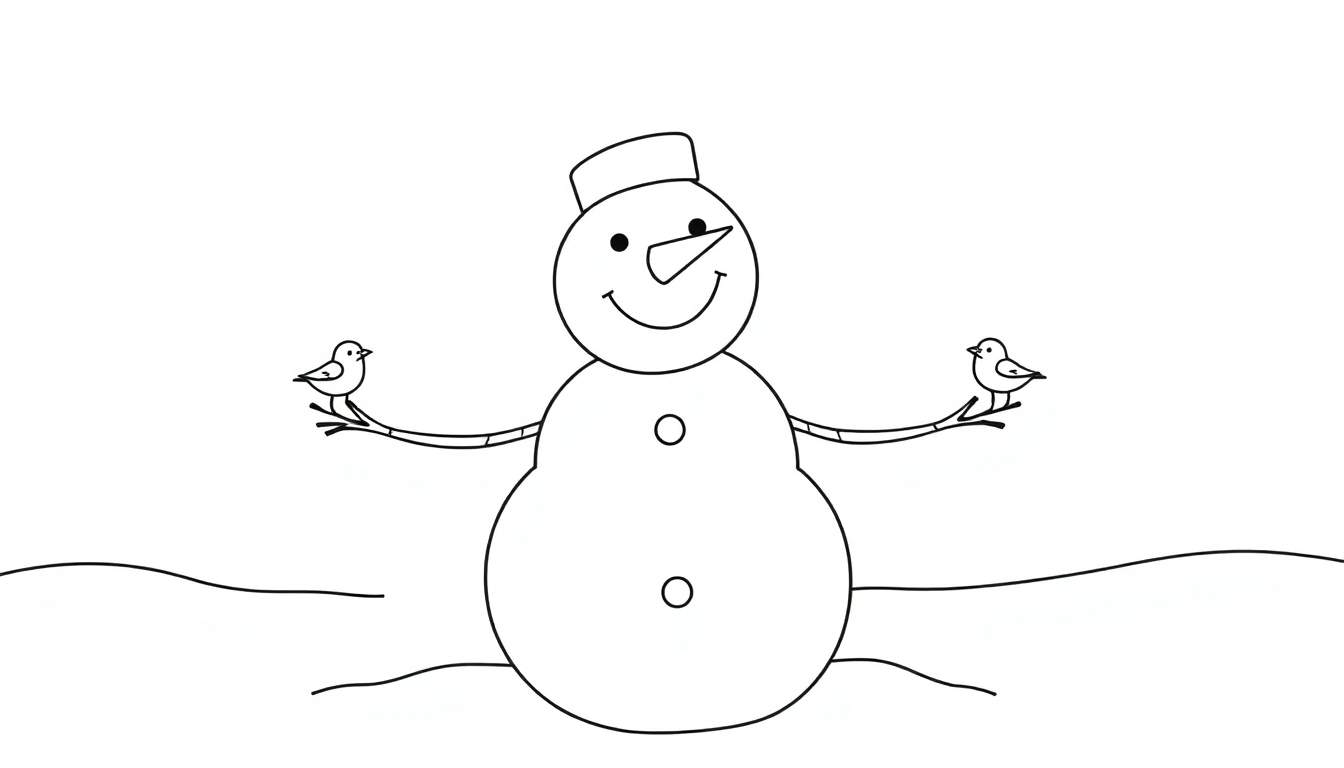 Dessin à colorier d'un bonhomme de neige avec un chapeau, un nez en carotte, deux boutons sur son ventre, et des oiseaux sur ses bras, sur un fond blanc.