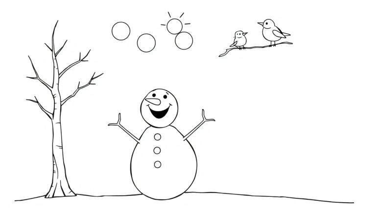 Coloriage d'un bonhomme de neige souriant avec des branches comme bras, des boutons sur son ventre, un arbre sans feuilles, des cercles dans le ciel, un soleil esquissé et deux oiseaux sur une branche.