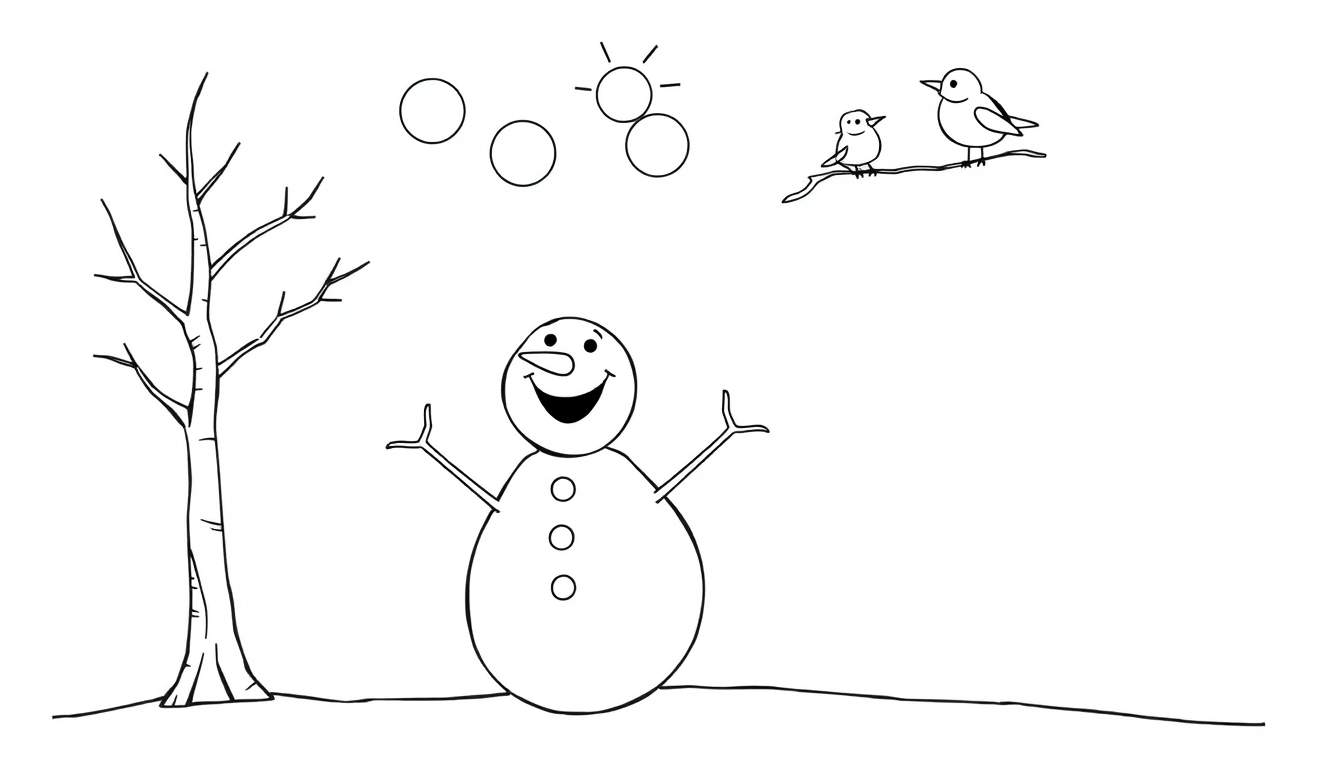 Coloriage d'un bonhomme de neige souriant avec des branches comme bras, des boutons sur son ventre, un arbre sans feuilles, des cercles dans le ciel, un soleil esquissé et deux oiseaux sur une branche.