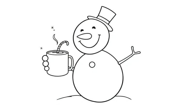 Dessin au trait d'un bonhomme de neige souriant avec un chapeau haut de forme tenant une tasse fumante.