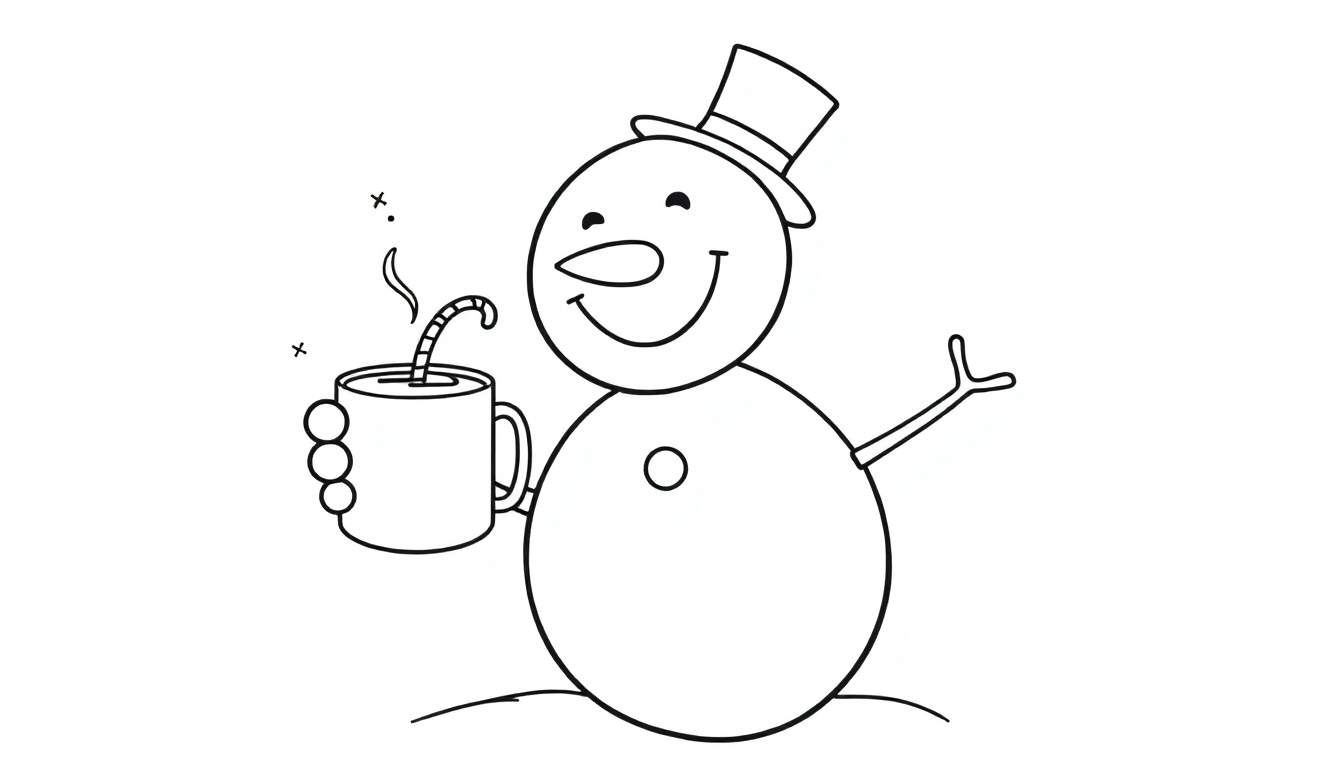 Dessin au trait d'un bonhomme de neige souriant avec un chapeau haut de forme tenant une tasse fumante.