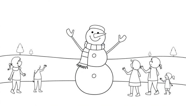 Coloriage d'un bonhomme de neige entouré d'enfants en tenue d'hiver, avec des arbres enneigés.
