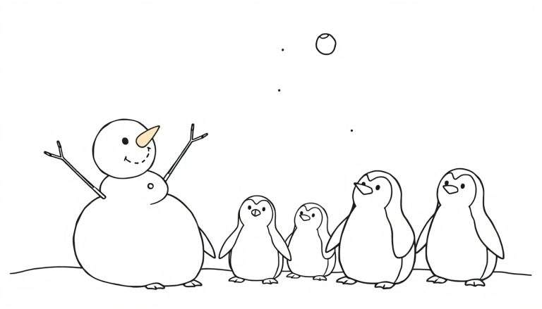 Dessin à colorier d'un bonhomme de neige souriant saluant quatre pingouins.