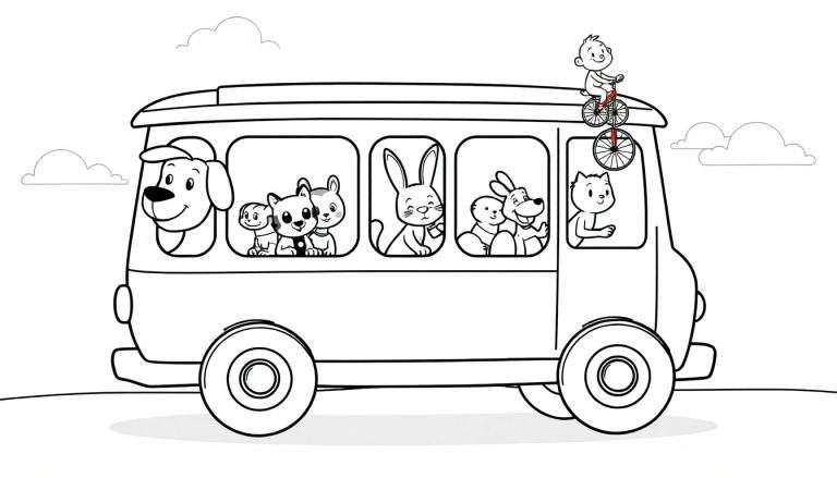 Coloriage d'un bus coloré rempli d'animaux souriants comme des chiens, des chats, un lapin et un ours. Un bébé est assis sur le toit du bus sur un petit vélo.
