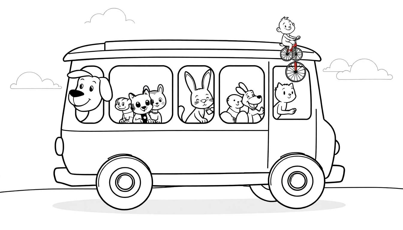 Coloriage d'un bus coloré rempli d'animaux souriants comme des chiens, des chats, un lapin et un ours. Un bébé est assis sur le toit du bus sur un petit vélo.