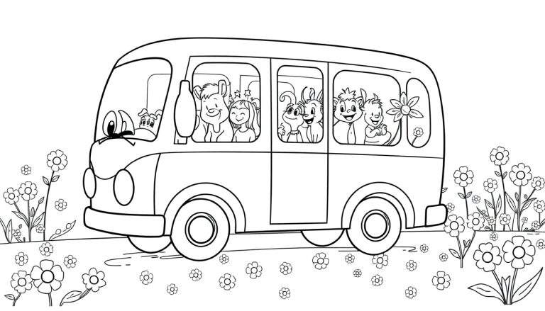 Un bus rempli d'animaux (ours, lapins, chiens) regardant par les fenêtres, roulant sur une route bordée de fleurs. Image noir et blanc pour coloriage.