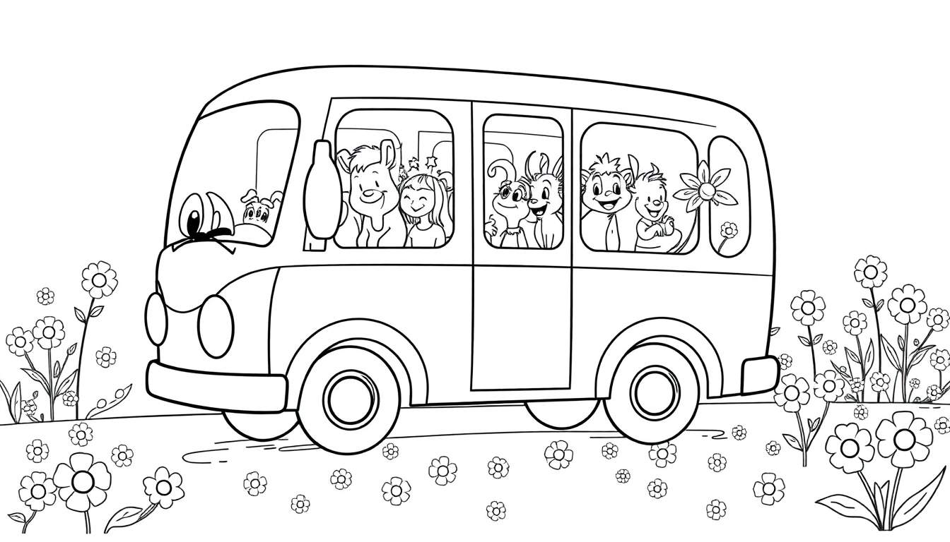 Un bus rempli d'animaux (ours, lapins, chiens) regardant par les fenêtres, roulant sur une route bordée de fleurs. Image noir et blanc pour coloriage.