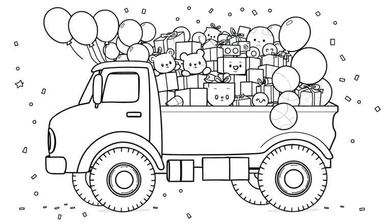Coloriage d'un camion rempli de cadeaux et de ballons pour une fête.
