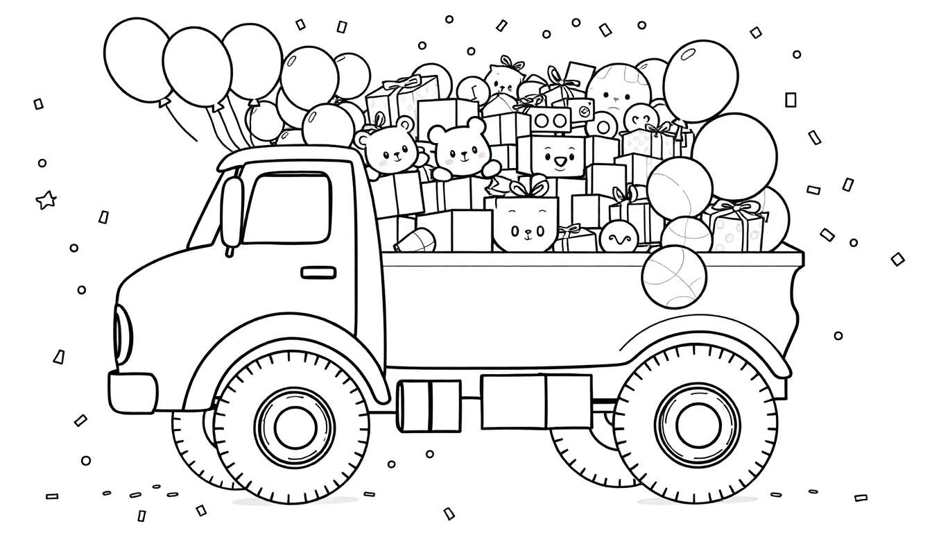 Coloriage d'un camion rempli de cadeaux et de ballons pour une fête.