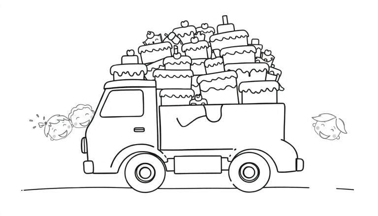 Dessin au trait d'un camion de livraison rempli de gâteaux, avec des visages d'enfants heureux.