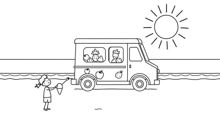 Coloriage d'un camion de glaces aux fruits et d'une petite fille avec un cornet de glace, devant la mer sous un soleil radieux.