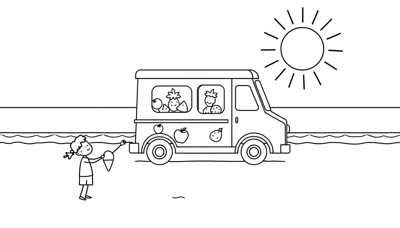 Coloriage d'un camion de glaces aux fruits et d'une petite fille avec un cornet de glace, devant la mer sous un soleil radieux.