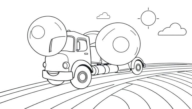 Coloriage d'un camion jouet pour enfant avec de grandes roues, sur une route ensoleillée avec un nuage.
