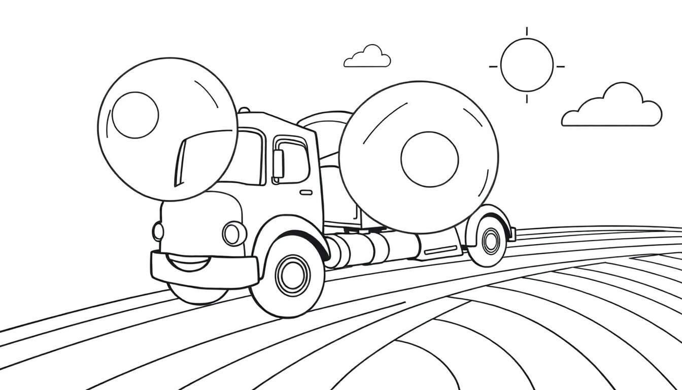 Coloriage d'un camion jouet pour enfant avec de grandes roues, sur une route ensoleillée avec un nuage.