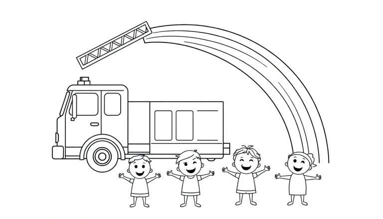 Coloriage en noir et blanc d'un camion de pompiers avec une échelle, un arc-en-ciel émergeant de l'échelle, et quatre enfants souriants devant.