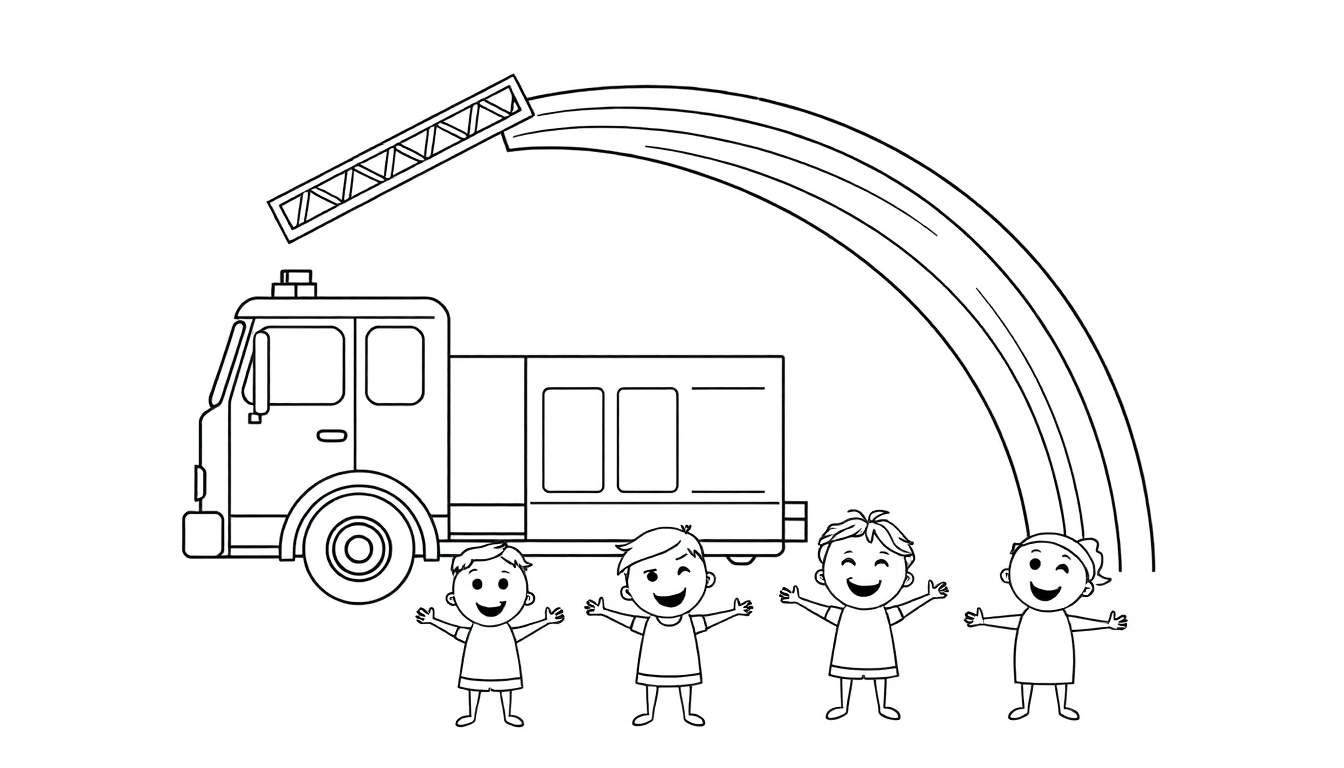 Coloriage en noir et blanc d'un camion de pompiers avec une échelle, un arc-en-ciel émergeant de l'échelle, et quatre enfants souriants devant.
