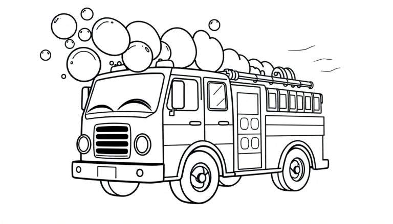 Dessin au trait d'un camion de pompiers avec des bulles de savon sur le toit, style dessin animé.