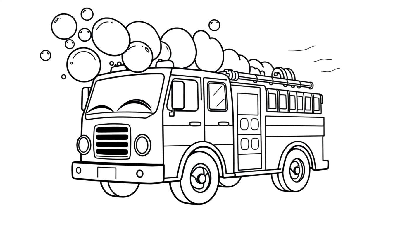Dessin au trait d'un camion de pompiers avec des bulles de savon sur le toit, style dessin animé.