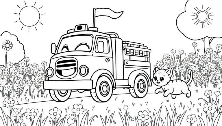 Dessin au trait d'un paysage ensoleillé avec un camion de pompiers joyeux, un chaton mignon, des fleurs, de l'herbe et des arbres.