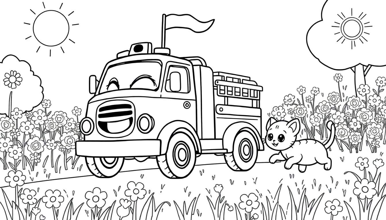 Dessin au trait d'un paysage ensoleillé avec un camion de pompiers joyeux, un chaton mignon, des fleurs, de l'herbe et des arbres.