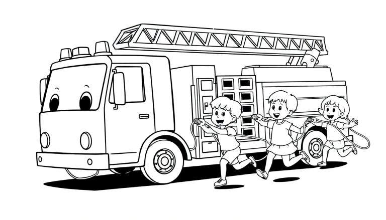 Dessin au trait d'un camion de pompiers avec un visage et trois enfants jouant avec des tuyaux d'incendie.