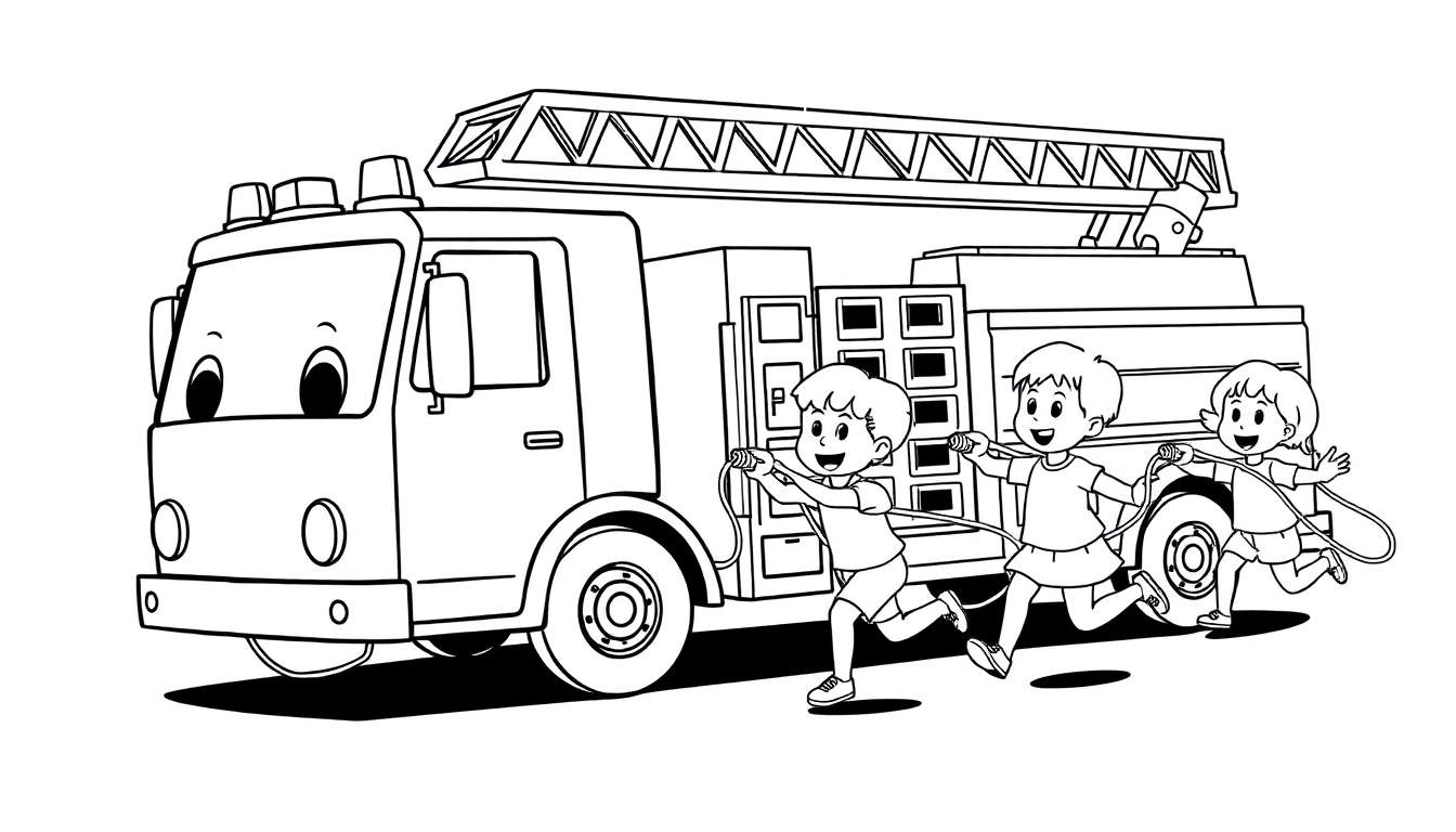 Dessin au trait d'un camion de pompiers avec un visage et trois enfants jouant avec des tuyaux d'incendie.