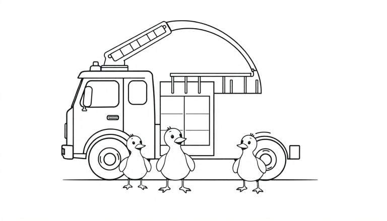 Coloriage d'un camion de pompiers avec trois petits poussins mignons devant.
