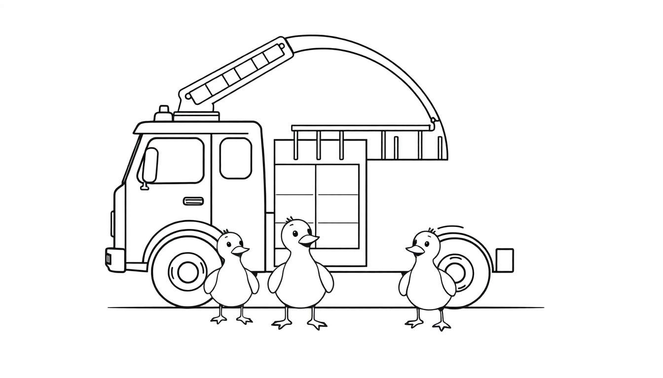 Coloriage d'un camion de pompiers avec trois petits poussins mignons devant.