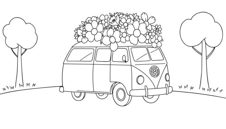 Coloriage d'un camping-car Volkswagen avec des fleurs sur le toit, des arbres et de l'herbe.