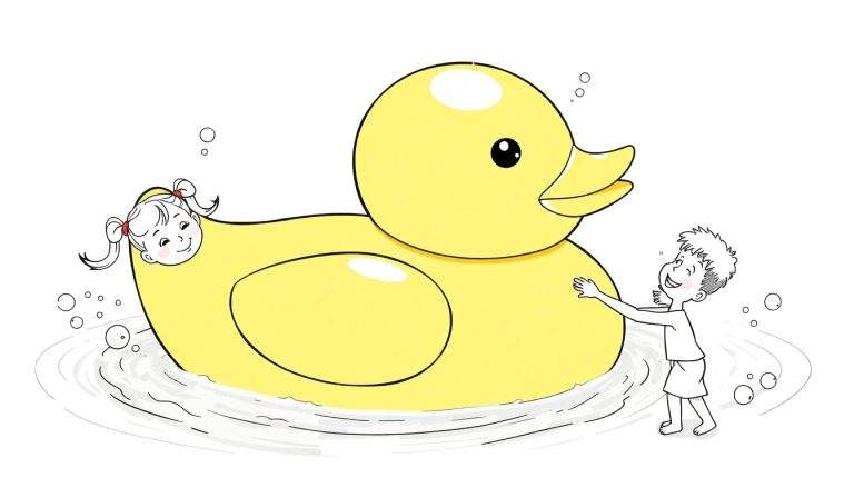 Un grand canard gonflable jaune dans l'eau, avec une petite fille assise sur son dos et un petit garçon faisant un câlin à ses côtés. Des bulles sont visibles dans l'eau.