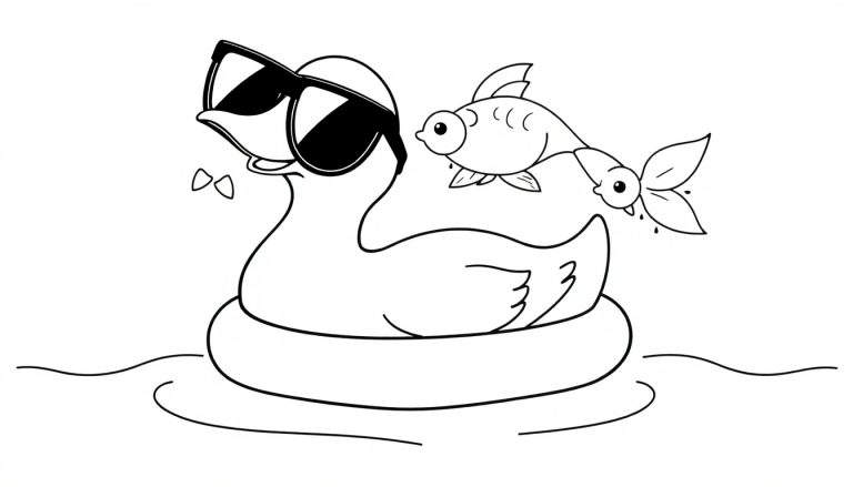 Coloriage d'un canard gonflable avec des lunettes de soleil sur un anneau de piscine, à côté d'un poisson de dessin animé.